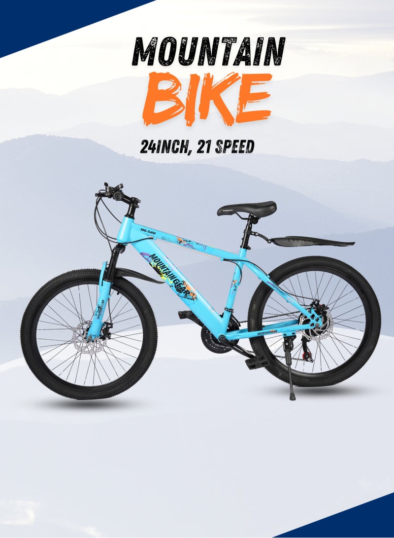 ماونتن جير الدراجة الجبلية MTB 21 سرعة MGR311382 | دراجة مقاس 24 بوصة بإطار من الفولاذ عالي الكربون | فرامل قرصية | 38 شوكة أمامية ممتصة للصدمات | TX-30 شيمانو شيمانو | دواسات بي في سي | مقعد MTB- أزرق فاتح - Image 2