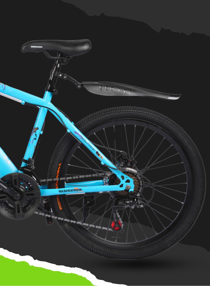 ماونتن جير الدراجة الجبلية MTB 21 سرعة MGR311382 | دراجة مقاس 24 بوصة بإطار من الفولاذ عالي الكربون | فرامل قرصية | 38 شوكة أمامية ممتصة للصدمات | TX-30 شيمانو شيمانو | دواسات بي في سي | مقعد MTB- أزرق فاتح - Image 4