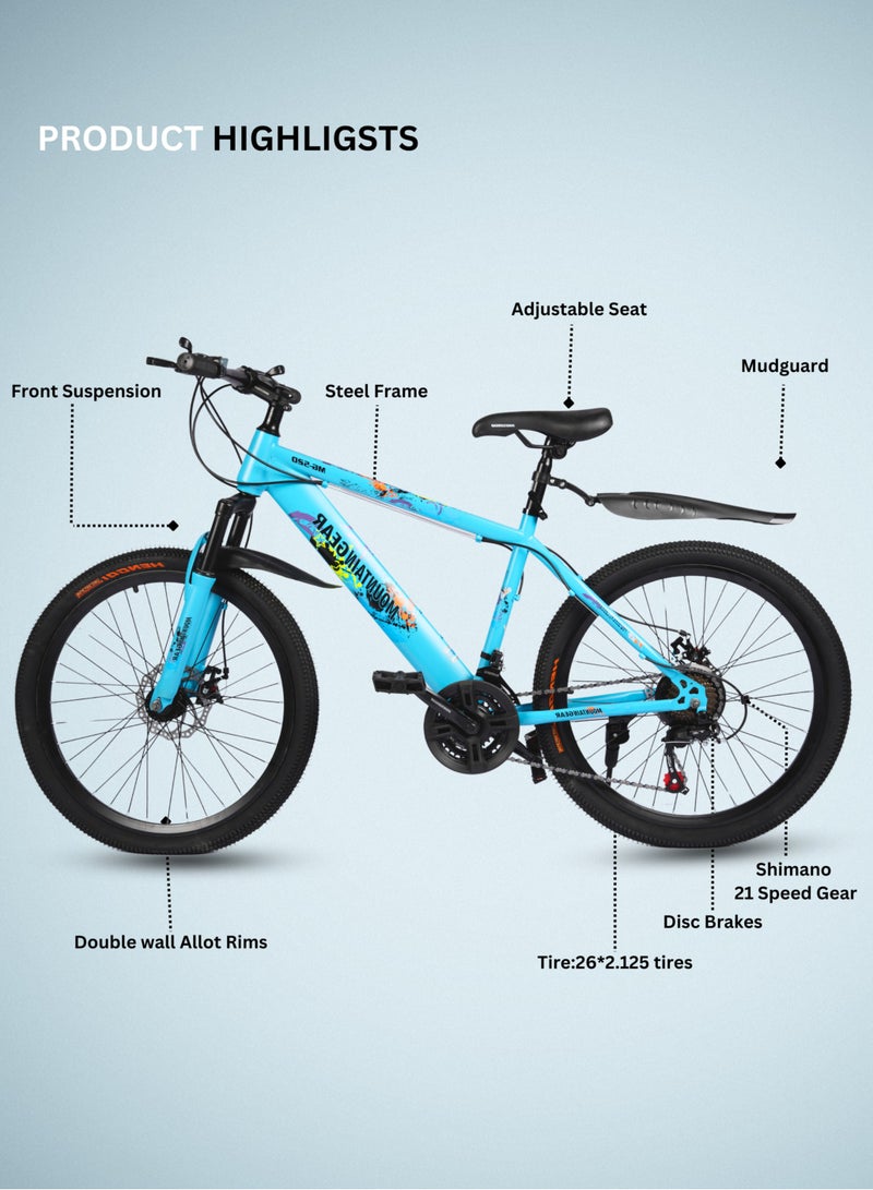 ماونتن جير الدراجة الجبلية MTB 21 سرعة MGR311382 | دراجة مقاس 24 بوصة بإطار من الفولاذ عالي الكربون | فرامل قرصية | 38 شوكة أمامية ممتصة للصدمات | TX-30 شيمانو شيمانو | دواسات بي في سي | مقعد MTB- أزرق فاتح - Image 5