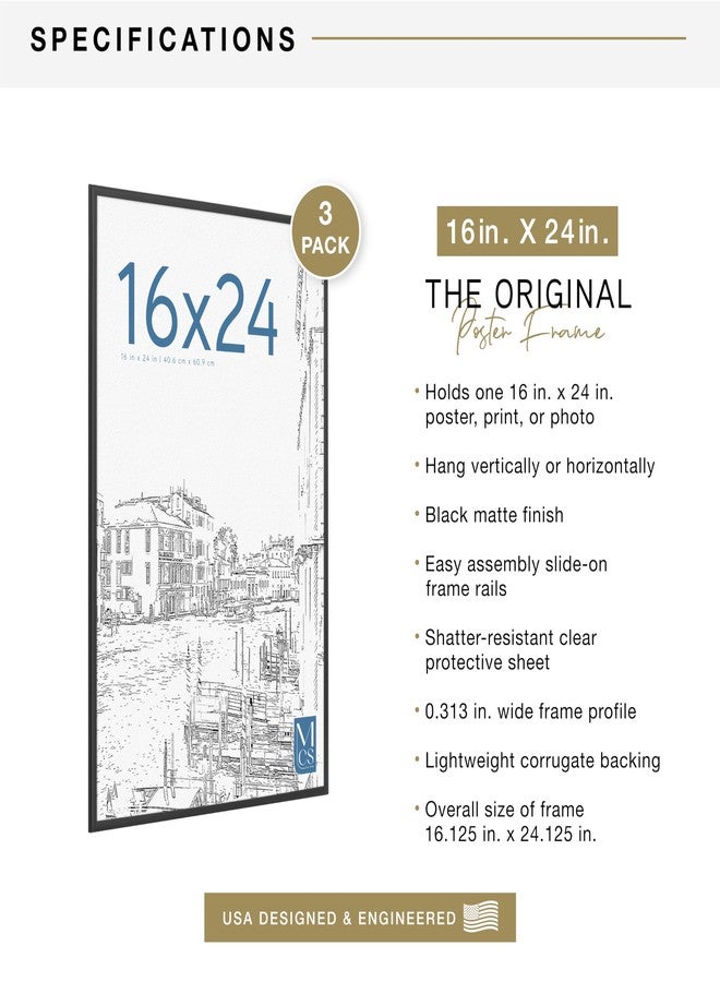 MCS Original Poster Frame 16x24 Black Lightweight Vertical & Horizontal Wall Hanging Large Picture Frame for Posters, Art Prints & Gallery Wall (3-Pack) - Image 3