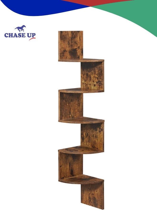 Chase Up Corner Shelf, 5-Tier Floating Wall Shelf with Zigzag Design, Bookshelf, Rustic Brown ULBC72BX - Image 1