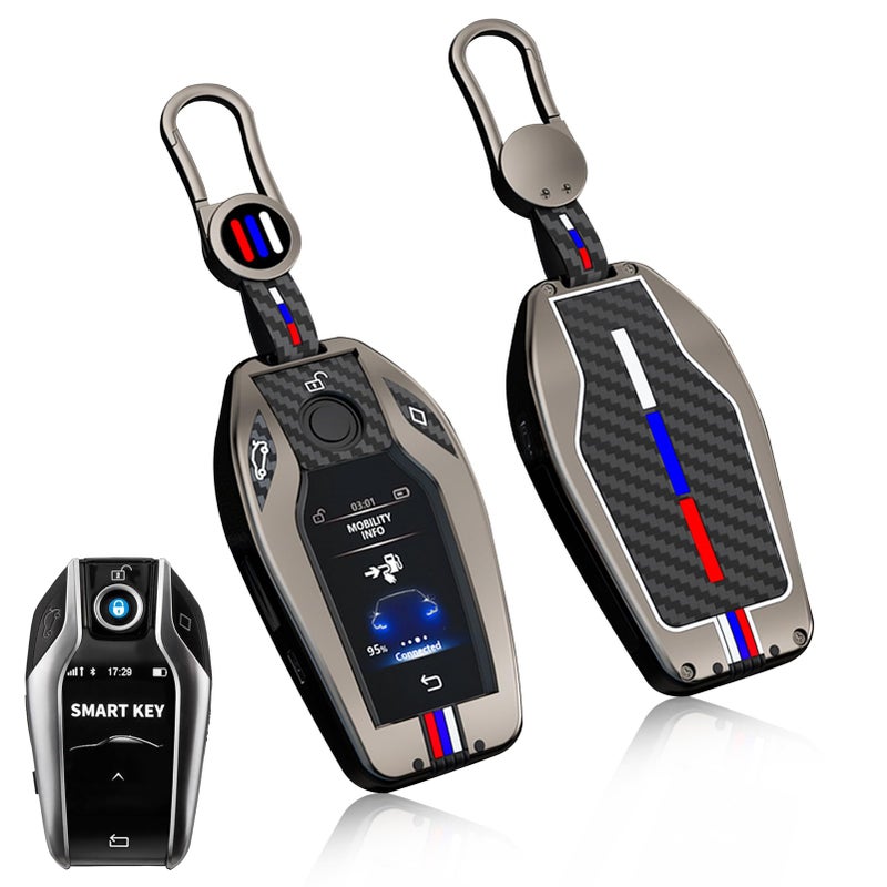 Jaronx Compatible With BMW Key Fob Cover 5 G30 G316 G327 G11 G12X3 G01X4 G02X5 G05X7 G07i8 LCD Digital Touchscreen Smart Metal Key Cover Holder Carbon Fiber Pattern Rubber For BMW 1 Set