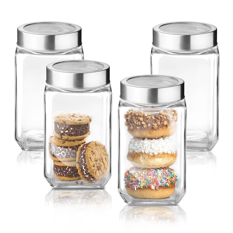 BE BENIGN Piramal Square Glass jar with Airtight See Through Steel LidCanister Jar for Kitchen Item Storage Pasta Grains Dal Tea Sugar Pickle Jar Container Kitchen jar Set Leakproof Lid800mlset of 4 - Image 1