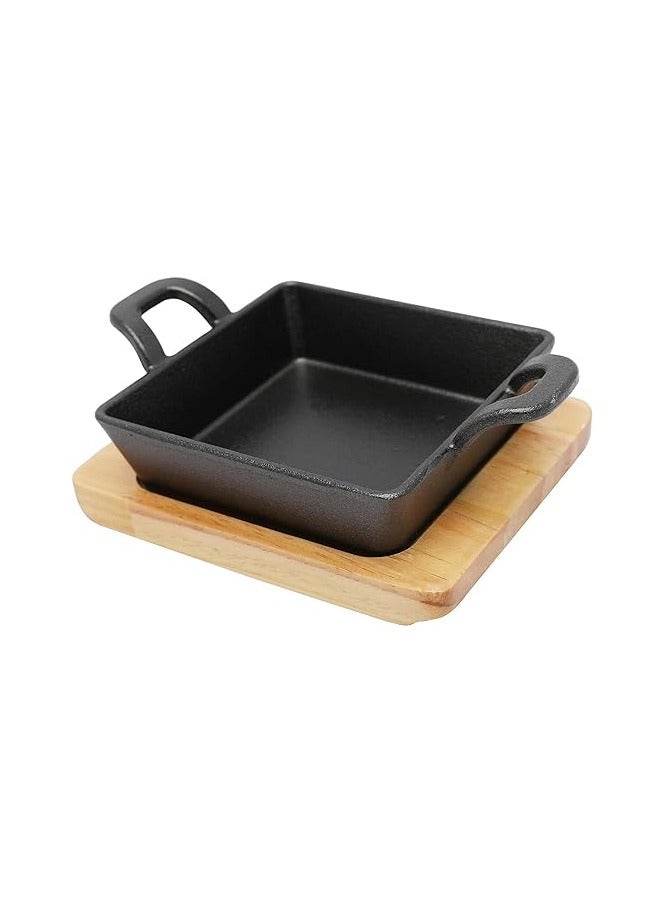 مقلاة من الحديد الزهر مربعة الشكل مقاس 12.5 سم مع مقابض جانبية و قاعدة خشبية | صينية للتحمير و الطبخ و الشواء من الحديد المصبوب أمنة للاستخدام في الفرن - Image 2