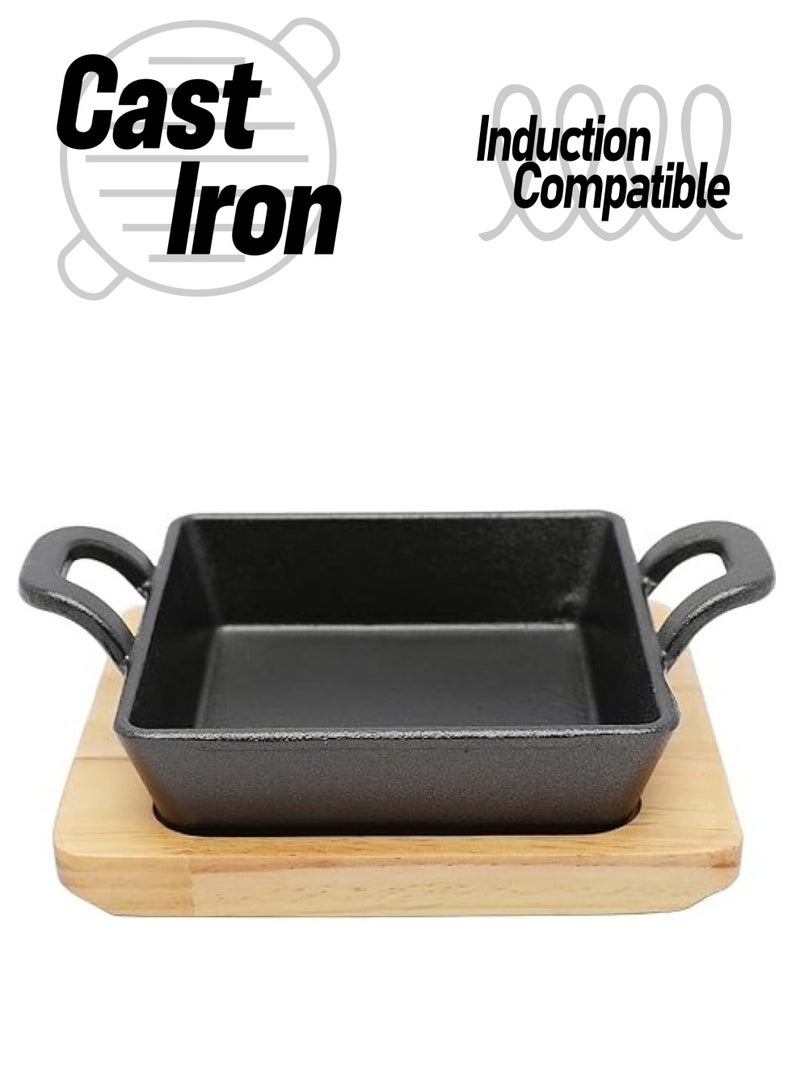 مقلاة من الحديد الزهر مربعة الشكل مقاس 12.5 سم مع مقابض جانبية و قاعدة خشبية | صينية للتحمير و الطبخ و الشواء من الحديد المصبوب أمنة للاستخدام في الفرن - Image 1