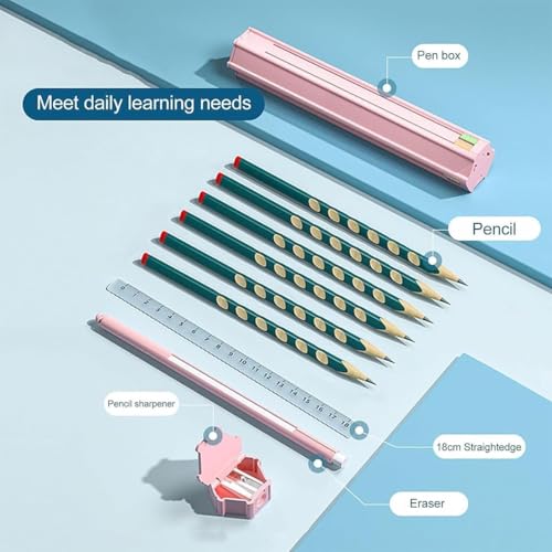 Invite Enterprise Pencil Case/Stationery Box,1 Set Portable Pen Box with 6 Pencils 1 Eraser 1 Ruler 1 Sharpener Hexagon Multi-Functional Children Pencil Holder Case Container[Multicolor] (9 in1 Pencil case) - Image 3