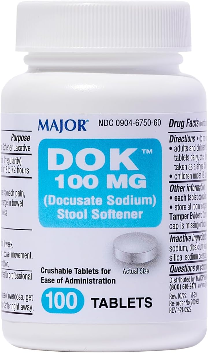 Major Pharmaceuticals MAJOR Docusate Sodium 100 mg  Stool Softener Tablets for Constipation Relief  Helps Stop Constipation  Stool Softeners for Women Men and Kids Ages 12  100 Tablets 1 Pack - Image 1