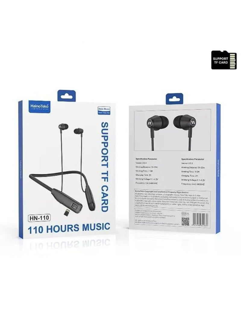 Haino Teko HN110 Bluetooth Neck Band Earphone 110 Hours Music With High Bass Sound Quality Super Clear Mic and Support TF Card_Black - Image 2