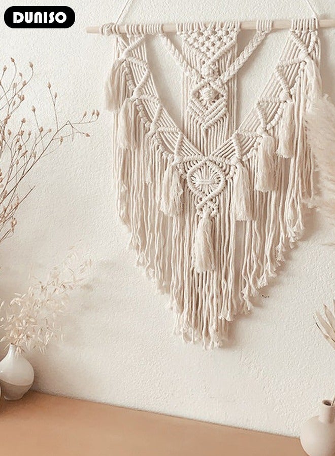 Macrame Wall Hanging, Hand Woven Boho Tapestry, Home Wall Decor, Geometric Woven Hanging Tapestry with Long Tassel for Bedroom Living Room Apartment Wedding Party