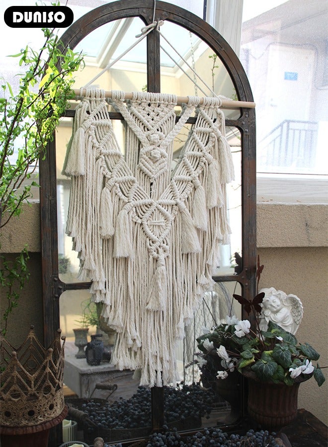 Macrame Wall Hanging, Hand Woven Boho Tapestry, Home Wall Decor, Geometric Woven Hanging Tapestry with Long Tassel for Bedroom Living Room Apartment Wedding Party