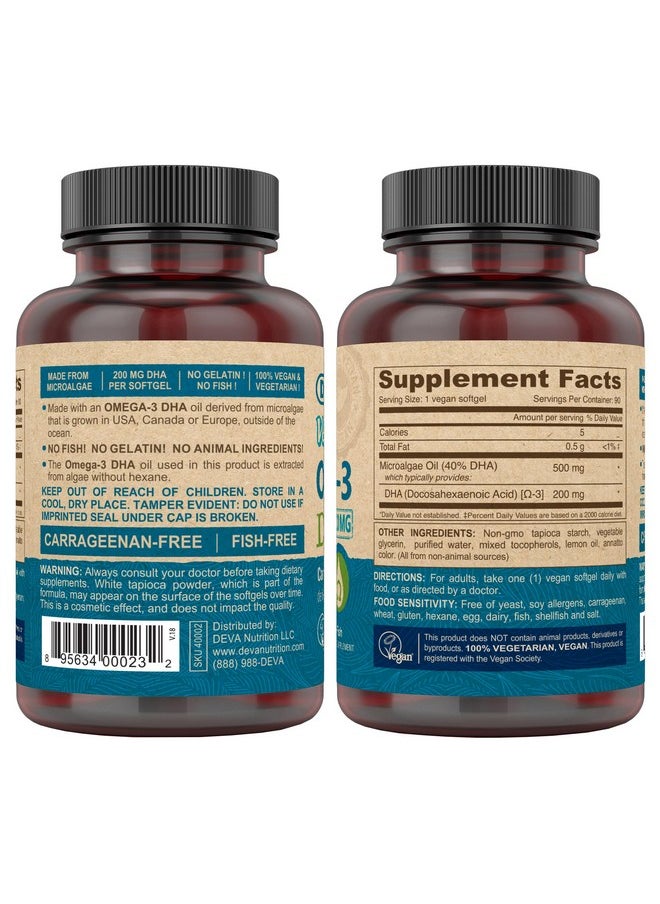 Deva DEVA Vegan Omega-3 DHA Supplement, Once-Per-Day Softgel 200 MG, Carrageenan Free, Gelatin Free, Non-Fish, Algae Oil, Omega-3 Fatty Acids - 90 Softgels  - Image 2