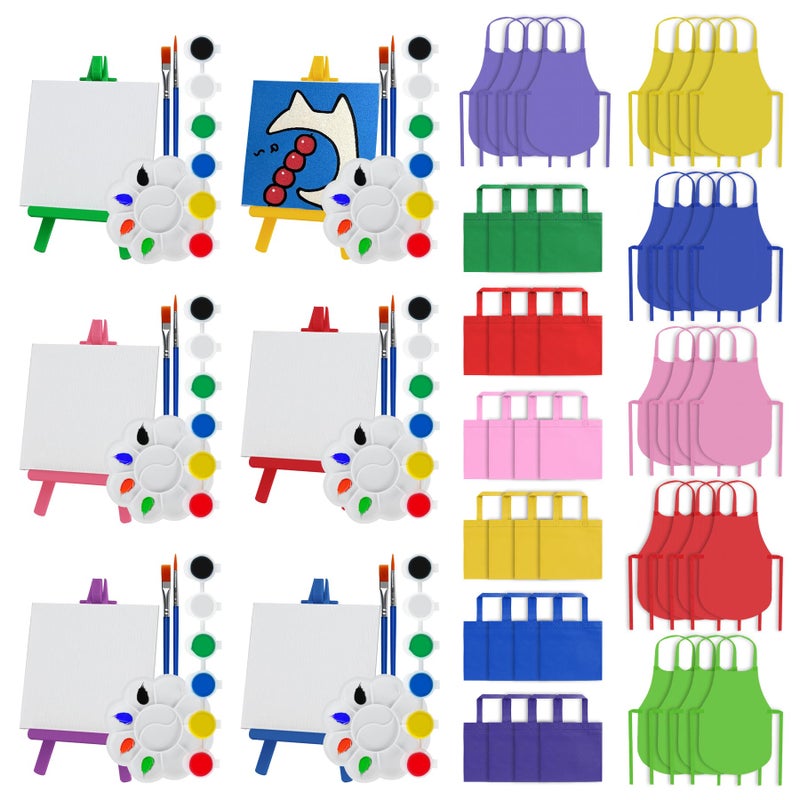 Stuffygreenus 24 Pack Mini Easel Painting Set Mini Acrylic Paint Kit Valentines Day Gifts Includes Canvas Panels Wooden Easels Paint Strips Brushes Palettes Aprons & Carrying Bags for DIY Crafts Group Activities - Image 1