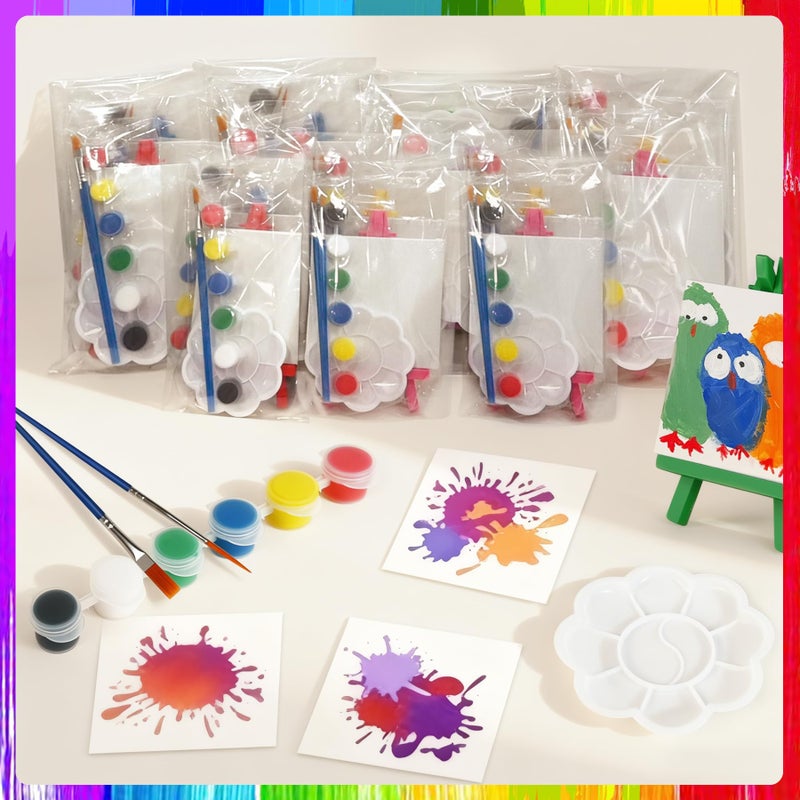 Stuffygreenus 24 Pack Mini Easel Painting Set Mini Acrylic Paint Kit Valentines Day Gifts Includes Canvas Panels Wooden Easels Paint Strips Brushes Palettes Aprons & Carrying Bags for DIY Crafts Group Activities - Image 3