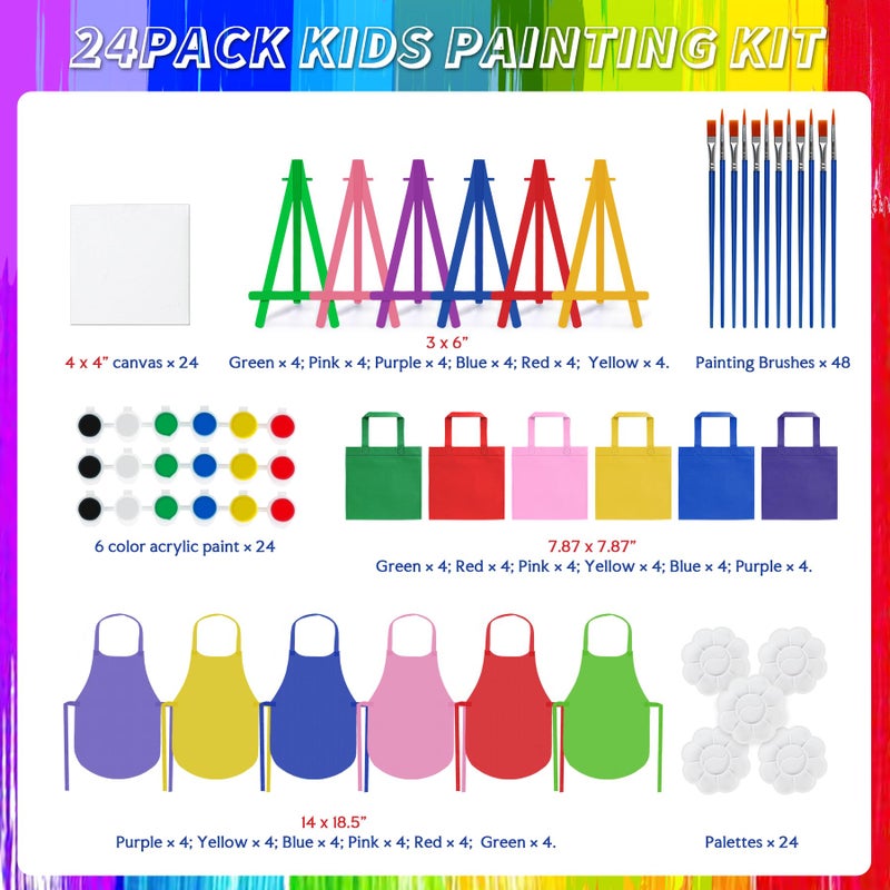 Stuffygreenus 24 Pack Mini Easel Painting Set Mini Acrylic Paint Kit Valentines Day Gifts Includes Canvas Panels Wooden Easels Paint Strips Brushes Palettes Aprons & Carrying Bags for DIY Crafts Group Activities - Image 2