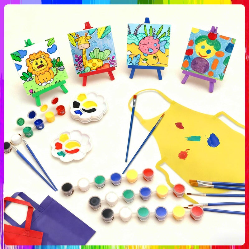 Stuffygreenus 24 Pack Mini Easel Painting Set Mini Acrylic Paint Kit Valentines Day Gifts Includes Canvas Panels Wooden Easels Paint Strips Brushes Palettes Aprons & Carrying Bags for DIY Crafts Group Activities - Image 4
