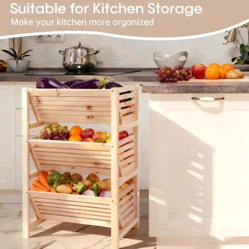 LEJITEKK Potato Onion Storage Rack, 3-Tier Stackable Wooden Bins for Pantry Cabinet, Ventilated Vegetable Organizer with Baskets, Fruit Produce Bread Holder for Kitchen Shelf, Fir Wood - Image 3