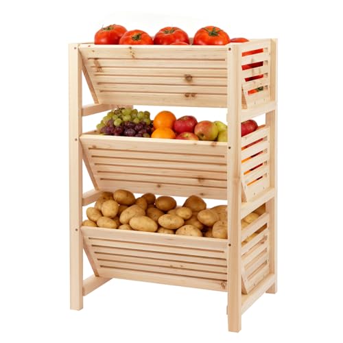 LEJITEKK Potato Onion Storage Rack, 3-Tier Stackable Wooden Bins for Pantry Cabinet, Ventilated Vegetable Organizer with Baskets, Fruit Produce Bread Holder for Kitchen Shelf, Fir Wood - Image 1