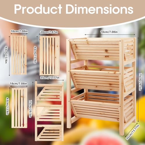 LEJITEKK Potato Onion Storage Rack, 3-Tier Stackable Wooden Bins for Pantry Cabinet, Ventilated Vegetable Organizer with Baskets, Fruit Produce Bread Holder for Kitchen Shelf, Fir Wood - Image 2