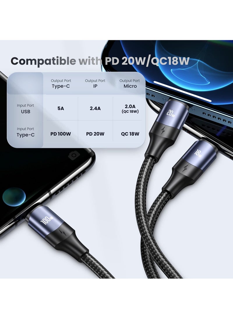 100W USB C to Multi Charging Cable, QC 5A 2-in-1 USB A to C PD Port and 3-in-1 Braided Fast Charging Cord, with Type C/Micro Connectors, Universal Sync Charger Adapter for Laptop/Tablet/Phone