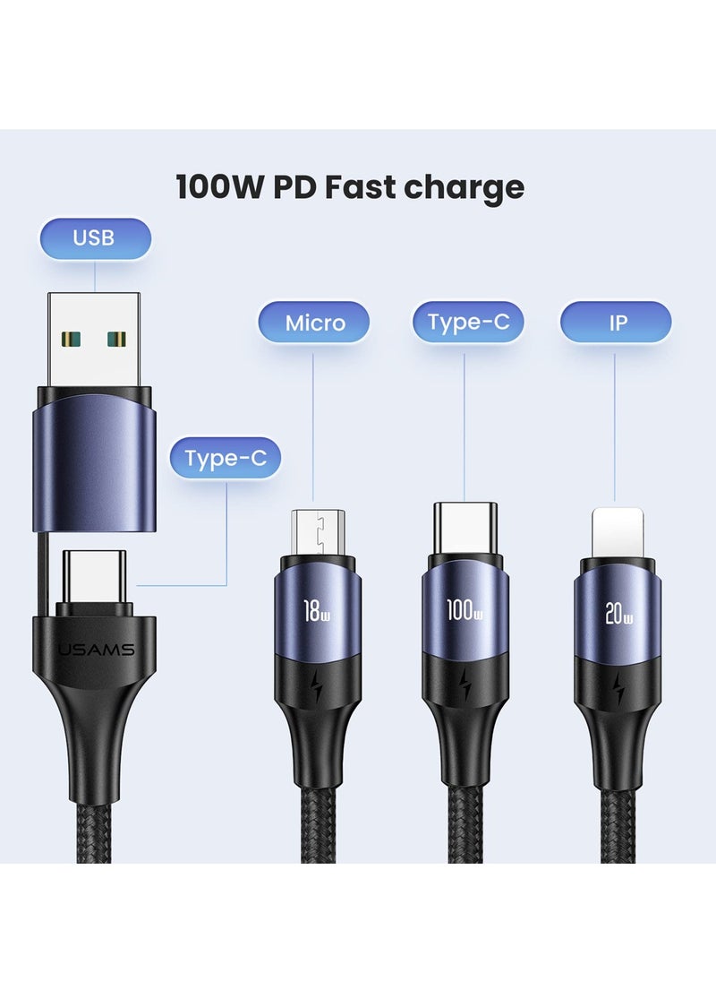 100W USB C to Multi Charging Cable, QC 5A 2-in-1 USB A to C PD Port and 3-in-1 Braided Fast Charging Cord, with Type C/Micro Connectors, Universal Sync Charger Adapter for Laptop/Tablet/Phone