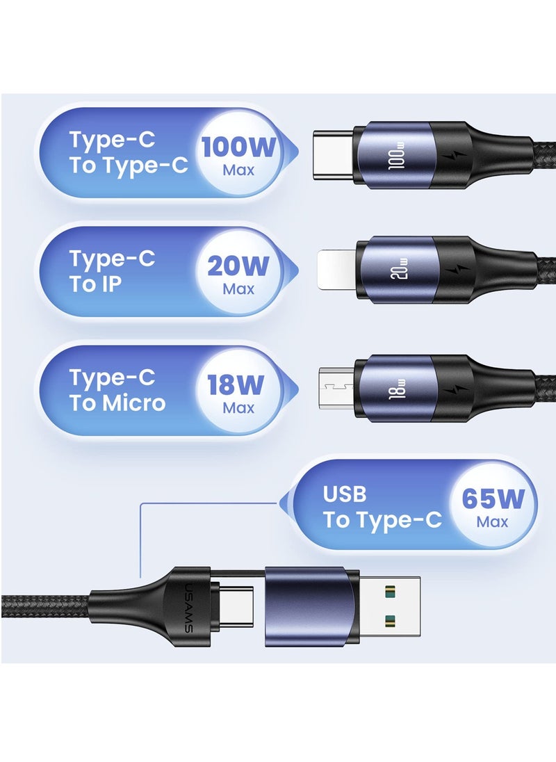 100W USB C to Multi Charging Cable, QC 5A 2-in-1 USB A to C PD Port and 3-in-1 Braided Fast Charging Cord, with Type C/Micro Connectors, Universal Sync Charger Adapter for Laptop/Tablet/Phone