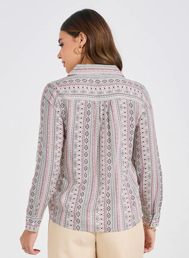 Styli Geometric Print Button Down Shirt with Long Sleeves