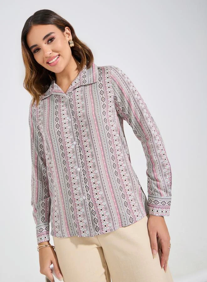 Styli Geometric Print Button Down Shirt with Long Sleeves
