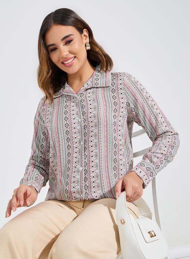 Styli Geometric Print Button Down Shirt with Long Sleeves - Image 5