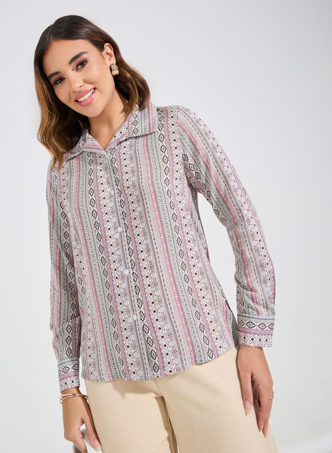 Styli Geometric Print Button Down Shirt with Long Sleeves - Image 1