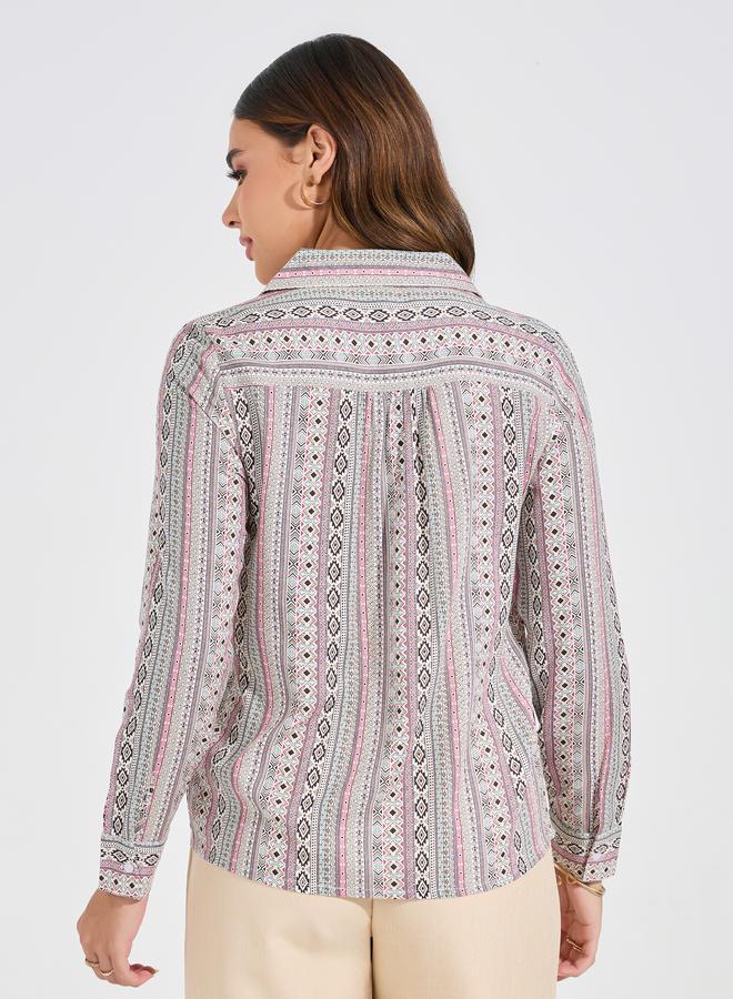 Styli Geometric Print Button Down Shirt with Long Sleeves - Image 4