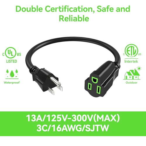 ecjtu Power Extension Cord 0.5FT/6Inch(2 Pack), Short 3 Prong Electric Extension Cable Outlet Saver, Single Outlet, Heavy Duty, Waterproof, Flexible, 16 AWG, 13A 125V, Extender Wires with 15 Cable Ties - Image 2