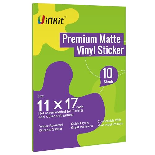 Uinkit Printable Premium Vinyl Sticker for Inkjet Printer 11x17 inch 10Sheets Matte White Sticker Paper Waterproof Adhesive Vivid Colors - Image 1