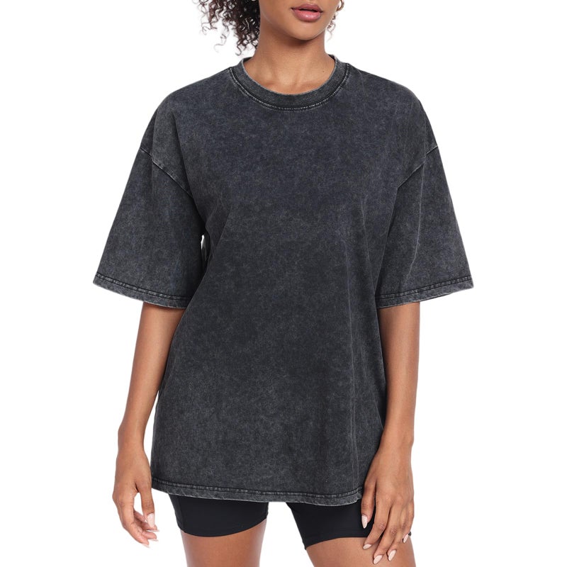 SnowElve Womens Washed Vintage Oversized T-Shirt Baggy Workout Tops Short Sleeve Cotton Tshirts Streetwear Boyfriend Tee(W-Black,s) - Image 1