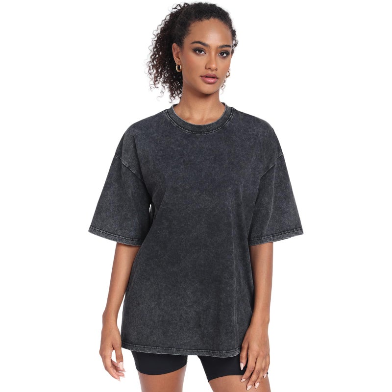 SnowElve Womens Washed Vintage Oversized T-Shirt Baggy Workout Tops Short Sleeve Cotton Tshirts Streetwear Boyfriend Tee(W-Black,s) - Image 2