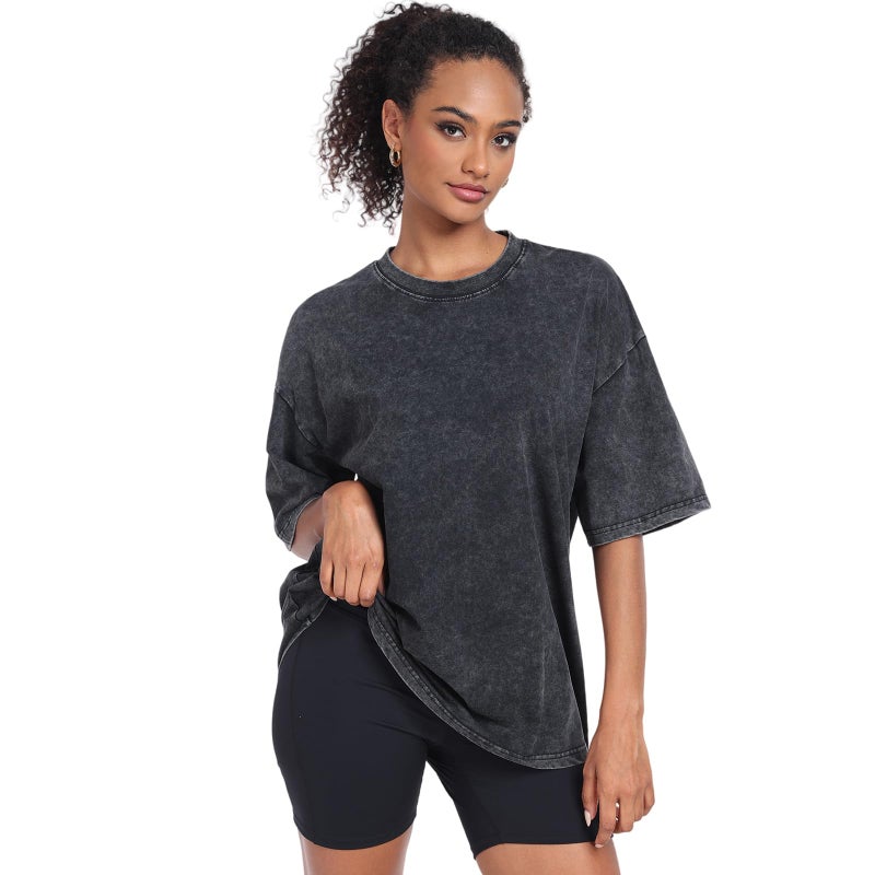 SnowElve Womens Washed Vintage Oversized T-Shirt Baggy Workout Tops Short Sleeve Cotton Tshirts Streetwear Boyfriend Tee(W-Black,s) - Image 4