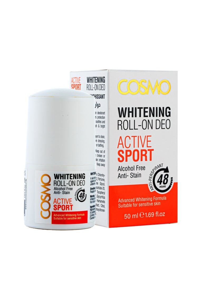 COSMO Whitening Roll On Deo Active Sport Alcohol Free Anti Stain  50Ml 