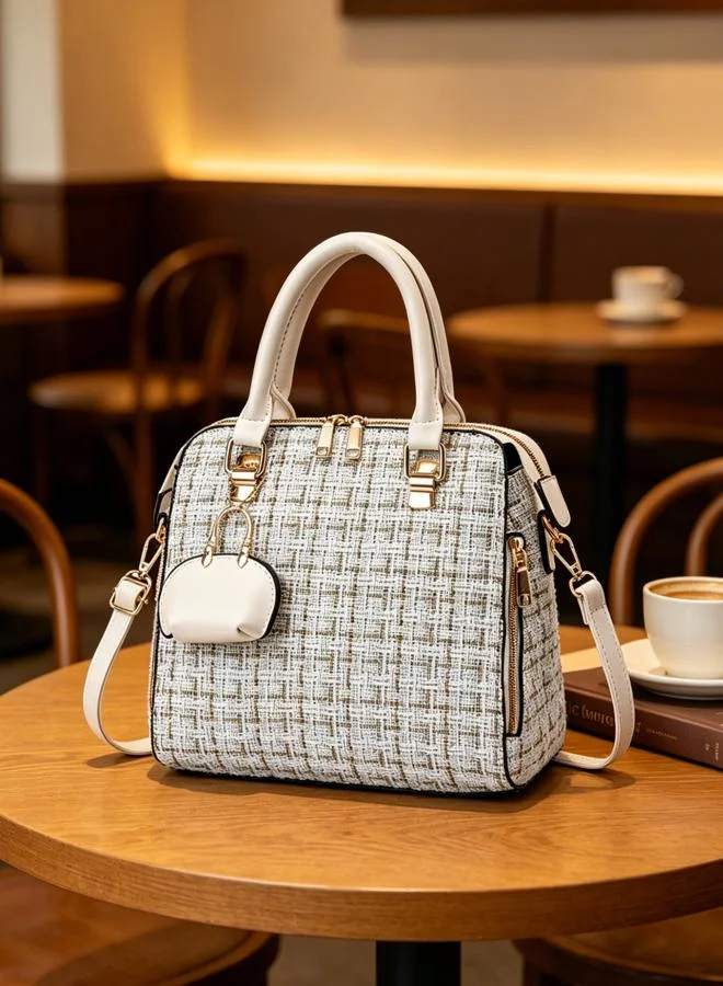 Take Two Beige Tweed Shoulder Bag with Mini Pouch