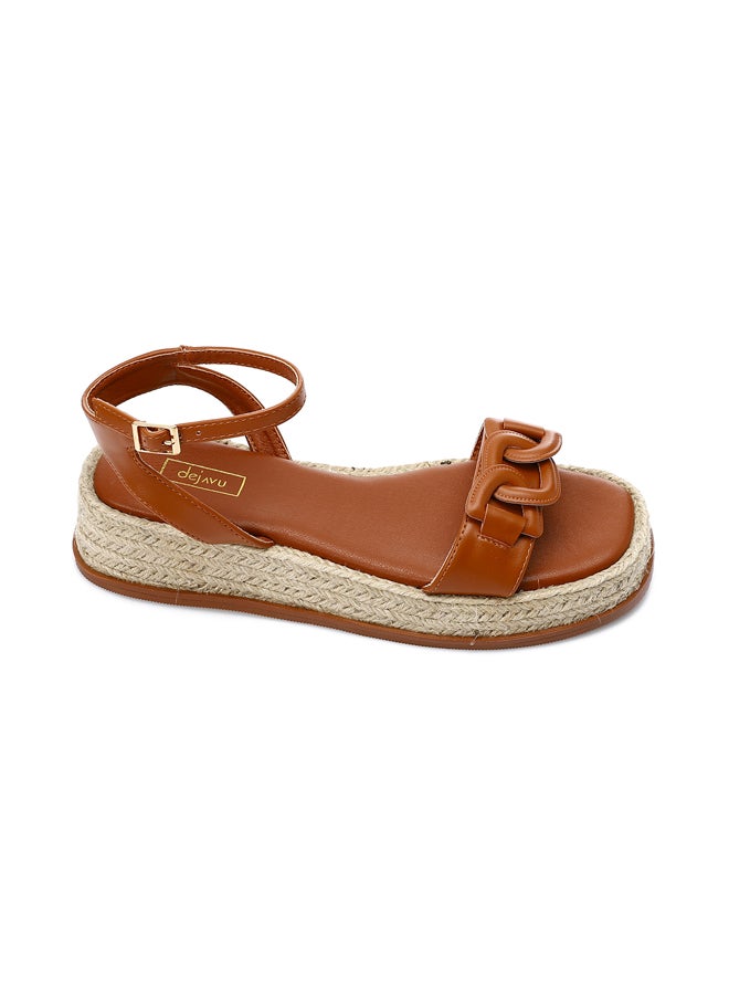 Camel Buckle Closure Wedge Sandals