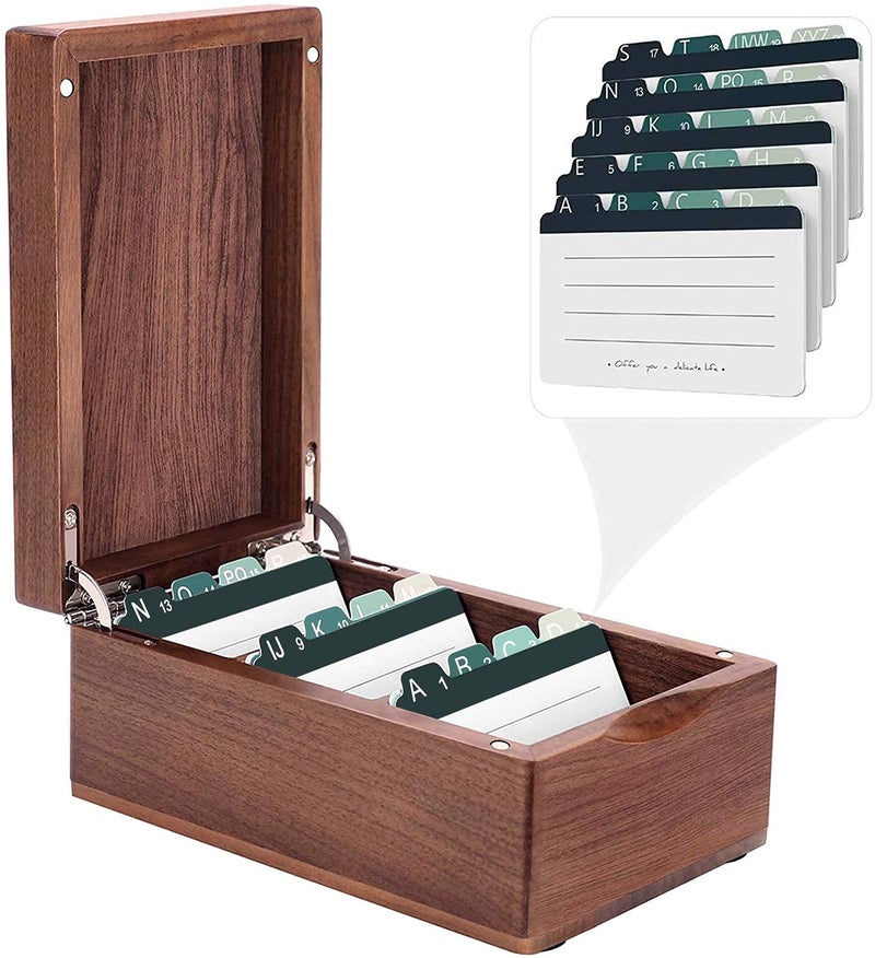 MaxGear Business Card Holder for Desk, 2.2" x 3.5" Walnut Wood Business Card Organizer, Index Cards Box Holds 300 Cards, 3 Divider Boards, Includes A-Z Tabs, Desktop Organizers for Office & Home - Image 1