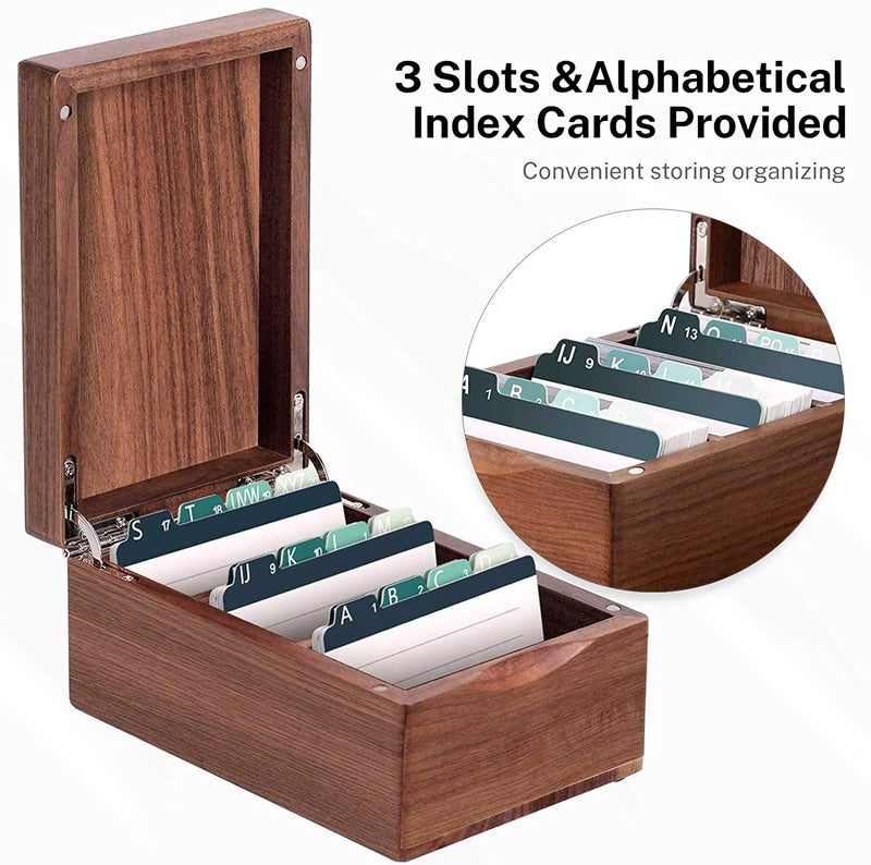 MaxGear Business Card Holder for Desk, 2.2" x 3.5" Walnut Wood Business Card Organizer, Index Cards Box Holds 300 Cards, 3 Divider Boards, Includes A-Z Tabs, Desktop Organizers for Office & Home - Image 2