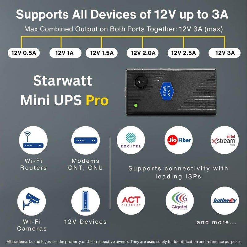 STARWATT UPS صغير 12V 3A برو لجهازين | تصميم مزدوج المخرج مع مخرج مشترك 12V 3A ذروة | 6-12 ساعة احتياطي | يدعم أجهزة التوجيه، المودمات، ONT، ONU، CCTV، كاميرات PTZ، نظام الاتصال الداخلي، NVR - Image 5