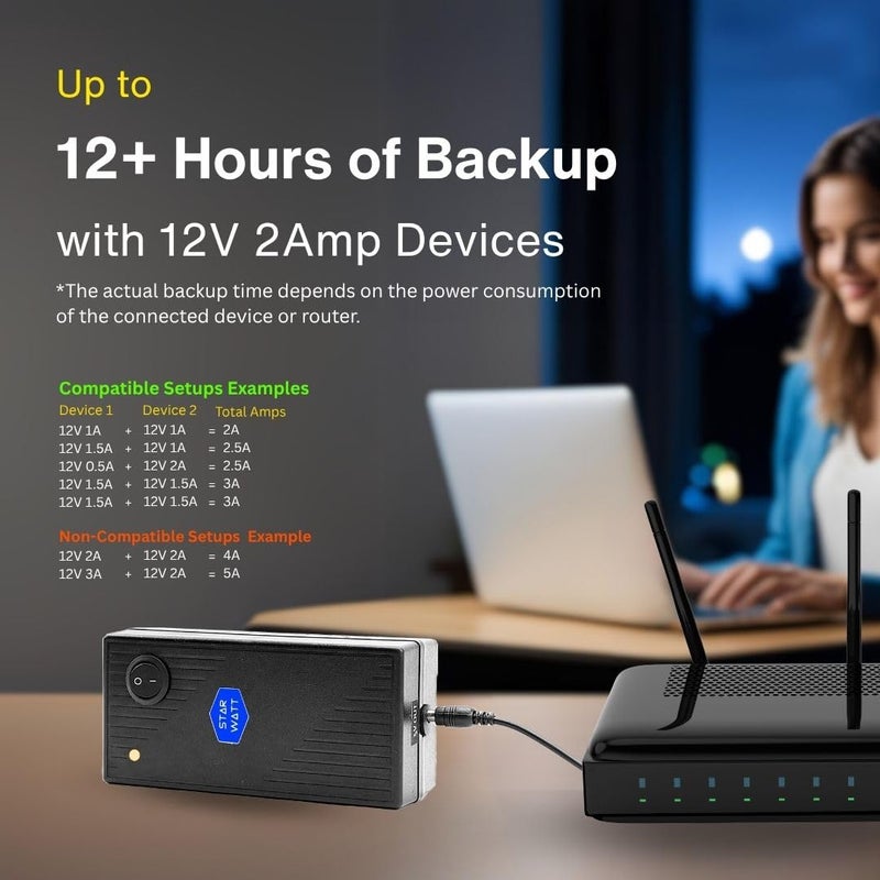STARWATT UPS صغير 12V 3A برو لجهازين | تصميم مزدوج المخرج مع مخرج مشترك 12V 3A ذروة | 6-12 ساعة احتياطي | يدعم أجهزة التوجيه، المودمات، ONT، ONU، CCTV، كاميرات PTZ، نظام الاتصال الداخلي، NVR - Image 3