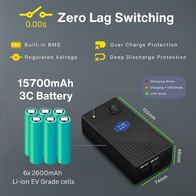 STARWATT UPS صغير 12V 3A برو لجهازين | تصميم مزدوج المخرج مع مخرج مشترك 12V 3A ذروة | 6-12 ساعة احتياطي | يدعم أجهزة التوجيه، المودمات، ONT، ONU، CCTV، كاميرات PTZ، نظام الاتصال الداخلي، NVR - Image 4