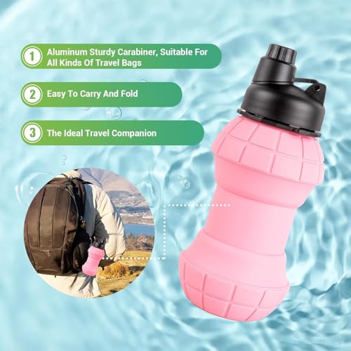 Jukusa Collapsible Water Bottle 570ml. | Leak-Proof Foldable Travel Sports Bottle with Carabiner, Wide Mouth Screw Cap, Lightweight & Reusable for Hiking, Gym, Outdoor & Daily Use (Pink) - Image 2