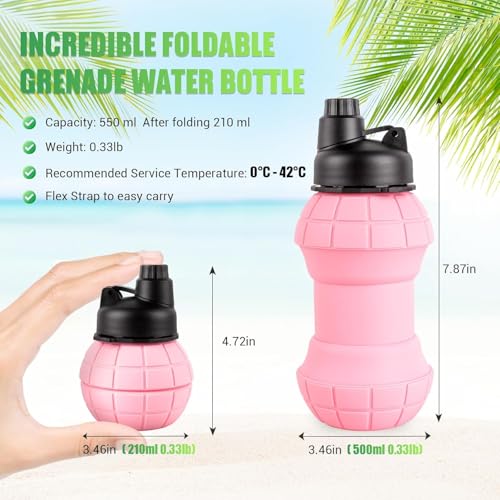 Jukusa Collapsible Water Bottle 570ml. | Leak-Proof Foldable Travel Sports Bottle with Carabiner, Wide Mouth Screw Cap, Lightweight & Reusable for Hiking, Gym, Outdoor & Daily Use (Pink) - Image 5