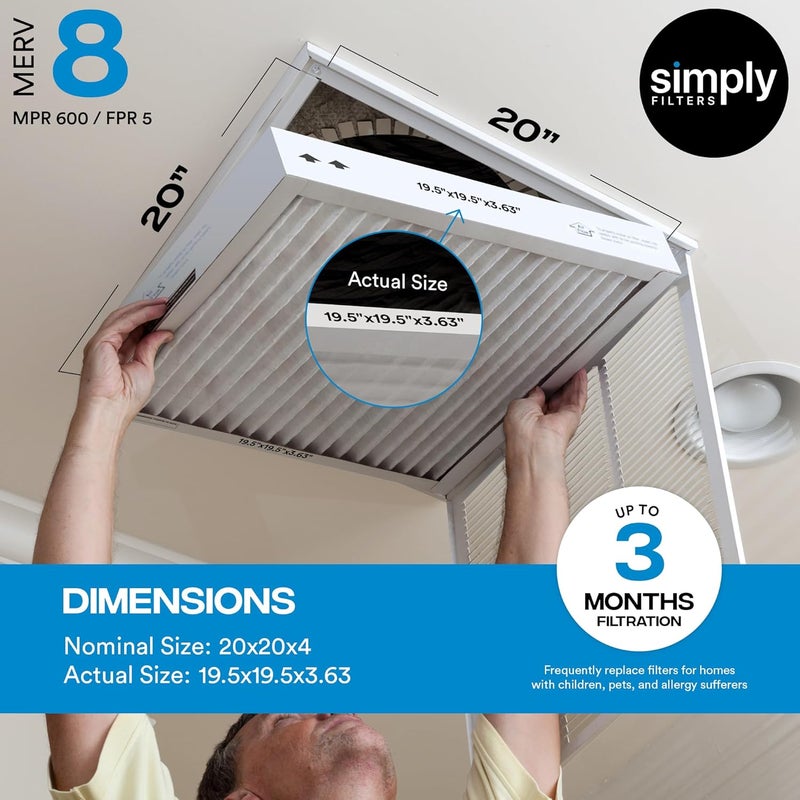 SIMPLY 20x20x4 Air Filter, MERV 8, 6 Pack, Furnace Air Filter for HVAC (Actual Size:19.5"x19.5"x3.63") DUST, Pet, & Allergy Control - Image 3