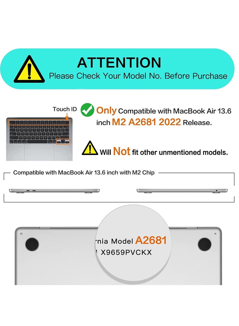 متوافق مع جراب MacBook Air M2 2023 2022 مقاس 13 بوصة لجهاز Mac Air 13.6 بوصة موديل A2681 M2 جراب واقٍ صلب للكمبيوتر المحمول مع غطاء لوحة مفاتيح شفاف - Image 4