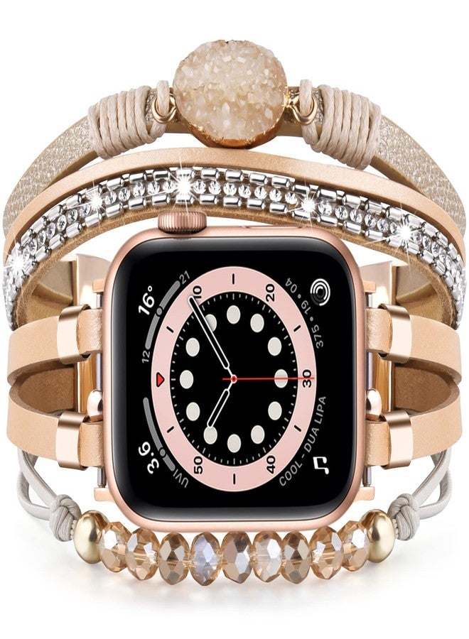 VISOOM Beaded Boho Bracelet Compatible for Apple Watch Band 40mm/38mm/41mm Series 10 9 8 7 SE Series 6/5/4 Women Leather Fashion Cute Handmade Multilayer Wrap Watch Strap for iWatch Bands 3/2/1 - Image 1
