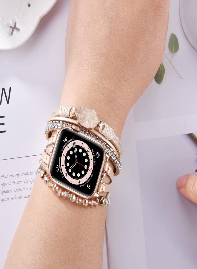 VISOOM Beaded Boho Bracelet Compatible for Apple Watch Band 40mm/38mm/41mm Series 10 9 8 7 SE Series 6/5/4 Women Leather Fashion Cute Handmade Multilayer Wrap Watch Strap for iWatch Bands 3/2/1 - Image 2