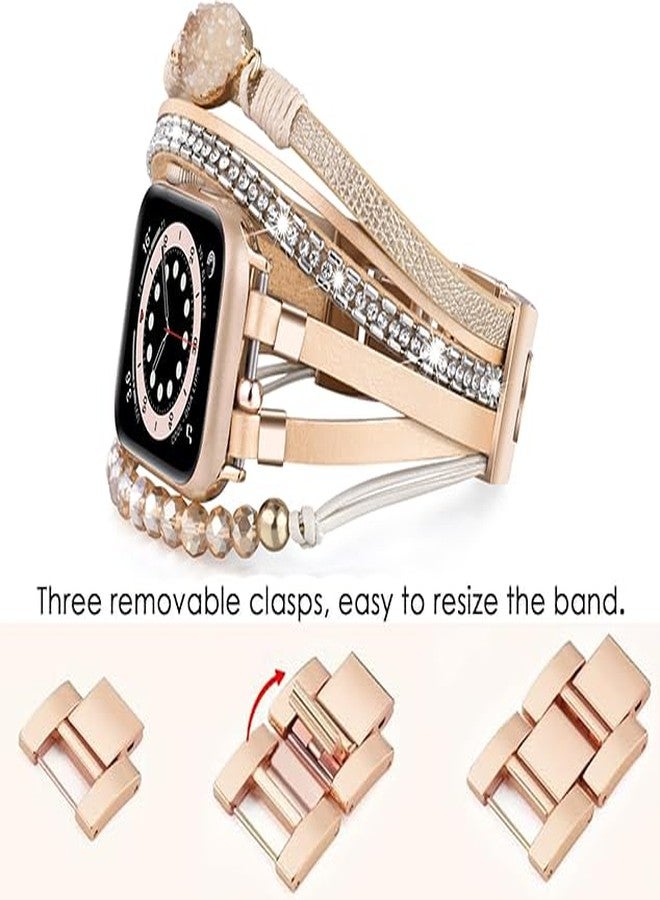VISOOM Beaded Boho Bracelet Compatible for Apple Watch Band 40mm/38mm/41mm Series 10 9 8 7 SE Series 6/5/4 Women Leather Fashion Cute Handmade Multilayer Wrap Watch Strap for iWatch Bands 3/2/1 - Image 5